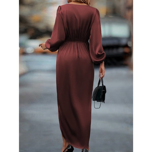 long sleeve  Lantern Sleeve Twist Front Wrap Hem Satin midi Dress maroon - Picture 2 of 11